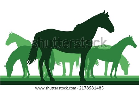 Horses are grazing. Picture silhouette. Farm pets. Animals domestic traditional. Isolated on white background. Vector Goat with kid near the herd