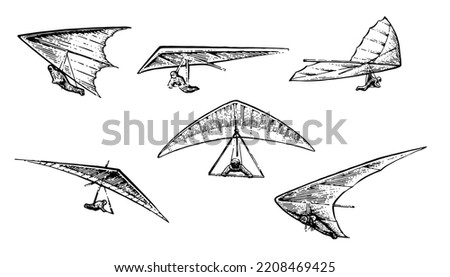 Hang glider flying. Set of objects. Hand drawn outline sketch. Isolated on white background. Vector