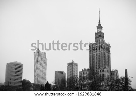 Black and white of Warsaw skyline with the palace of Culture and Science and more modern skyscrapers Photo stock © 