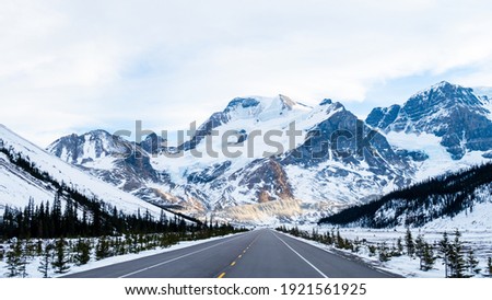 Scenic winter view of the Icefields parkway (Highway 93) in Alberta, Canada