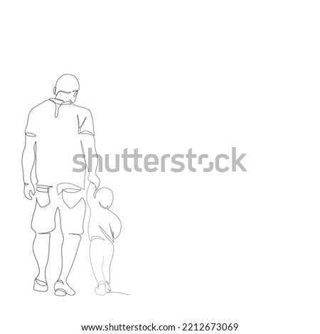 Back side of young father is holding his child’s left hand are walking together in single line drawing style.Vector illustration isolate flat continue line design concept of Father’s Day or family day