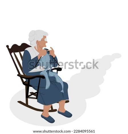 A old woman sitting alone on rocking chair.Lonely grandmother is sitting and knitt on chair waiting someone  on white background.Vector illustration isolate flat design concept For retirement, sadness