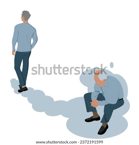 Back view of a young man walking leaving one bald old man is  Sitting holding hands together, head bowed, sad lonely .Vector illustration flat design of society of elderly people who are left alone.