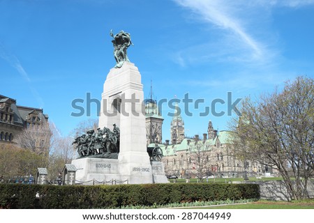 CANADA - MAY 2: The National War Memorial is a tall granite cenotaph with bronze sculptures, that stands in Confederation Square in Ottawa on May 2, 2015.