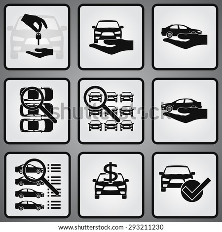 Car dealership 9 icons set. Selling, buying and searching