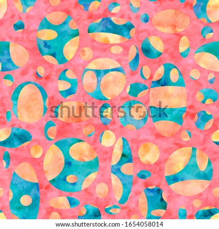 Geometric coral watercolor circles abstract background with splashes, drops.Hand-painted texture. Seamless pattern.Stock illustration. Design for backgrounds, wallpapers, textile, covers and packaging Stock fotó © 