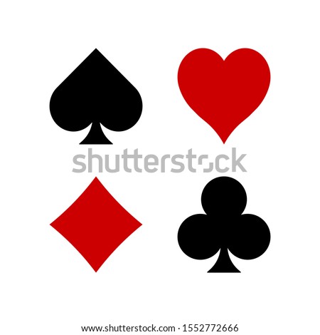 Four suits of game cards. Peak, Clubs, Cherva, Tambourine. Red and black colors. Isolated on a white background. Flat style. Vector
