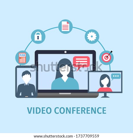 Video conference concept vector illustration. Webinar online training education flat design. Businesswoman and businessman on video conference via computer and tablet. Online meeting.