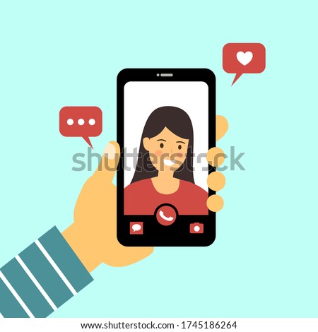 Video call with love one concept vector illustration. Man hand holding smartphone with girlfriend on screen. Finger touch screen. Video chat via internet in flat design.