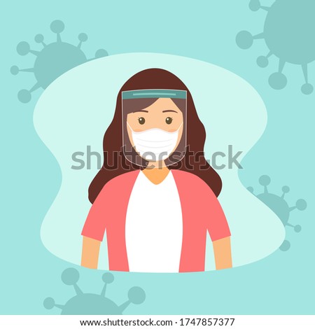 A young woman wearing face mask and a plastic medical face shield. Close up shot girl face wearing Covid-19 coronavirus protective mask. Virus protection equipment. Healthcare concept.