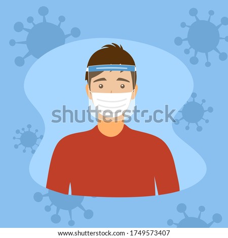 A young man wearing face mask and a plastic medical face shield. Close up shot guy face wearing Covid-19 coronavirus protective mask. Virus protection equipment. Healthcare concept.