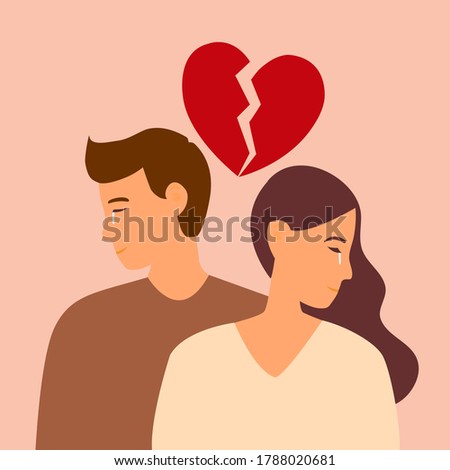 Broken heart concept vector illustration. Sad man and woman crying with red broken heart pieces.