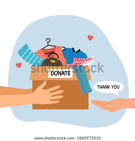 Sharing clothes to people. Clothes donation concept. Woman hand holding box full of clothes and accessories in flat design vector illustration on white background. Time for charity.	
