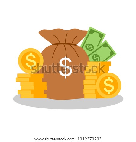 Money bag, stack of dollar coins and banknotes in flat design on white background. Budget, fund, investment profit, income or value assets concept vector illustration.