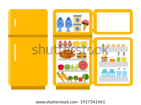 Fridge open and close concept vector illustration on white background. Refrigerator with food inside in flat design.