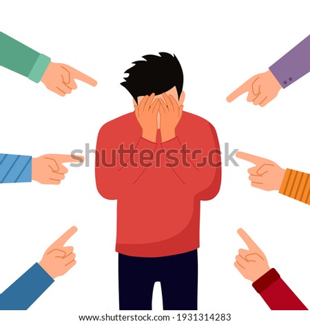 Sad or depressed man crying and surrounded by hands with index fingers. Accusation guilty concept vector in flat design. Public blame.
