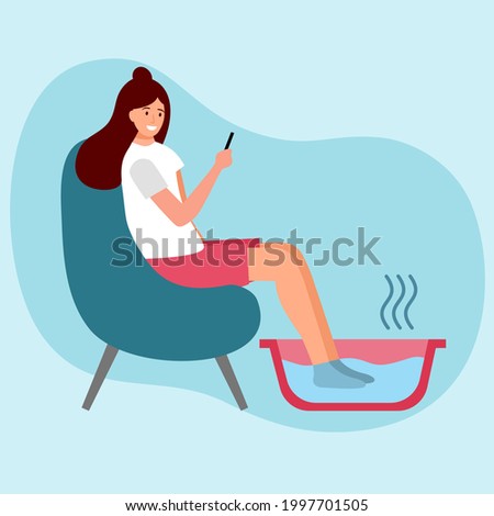 Female soaking feet in bowl filled with warm water at home or spa in flat design. Warming feet for relaxation concept vector illustration. Foot bath.