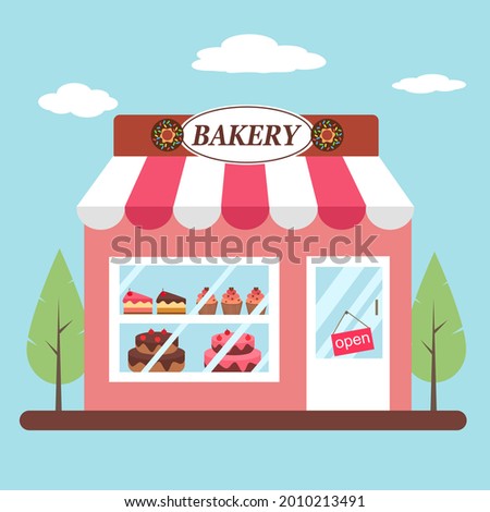 Bakery shop building facade front view in flat design. Sweet dessert shop.