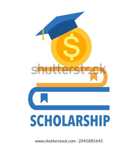 Educational scholarship logo concept vector illustration on white background. Books, dollar coin and graduation hat in flat design.