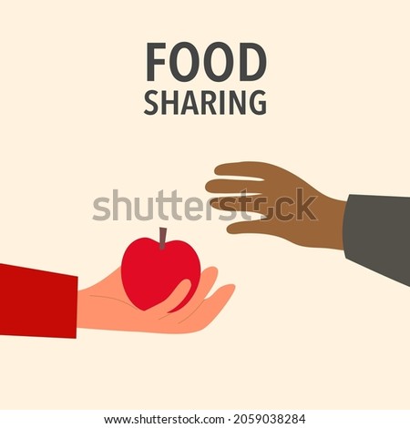 Food sharing to poverty in flat design. Food donation concept. Kindness and generosity to poor people.