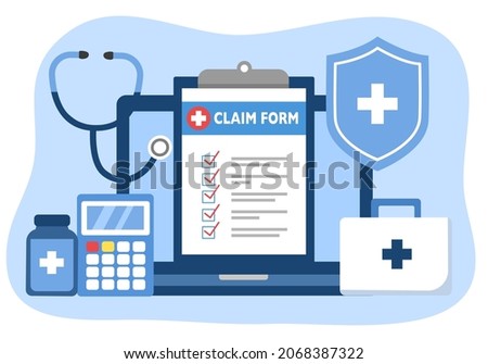 Health insurance claim form with medicine, calculator, stethoscope and medical shield on laptop computer in flat design. Online medical insurance service concept.