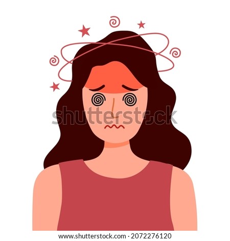 Sick woman having dizzy symptom in flat design on white background. Female feeling vertigo. Dizziness illness.