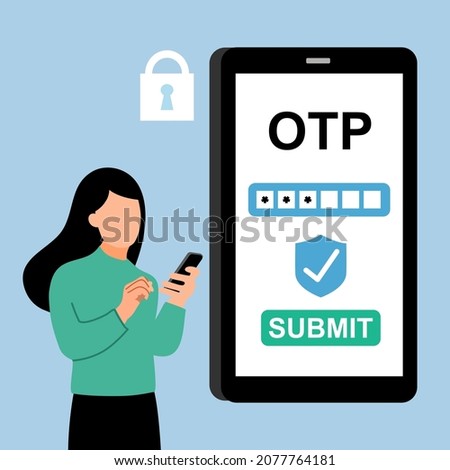 Woman using security OTP one time password verification for mobile app on smartphone screen in flat design.