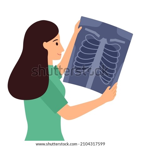 Lady doctor watching lung Xray film in flat design. Chest rib skeleton in medical radiology X-ray film.
