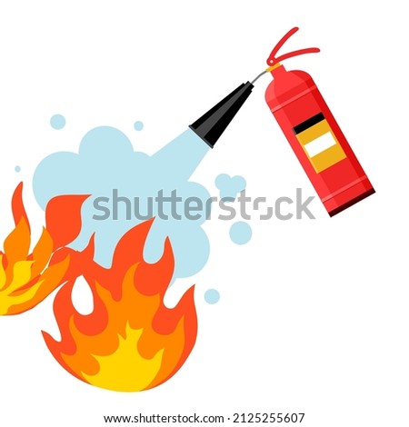 Red tank of fire extinguisher spraying on flame in flat design on white background.