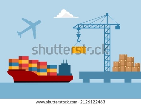 Export goods and service tax import international trade concept vector illustration. Cargo logistic being loaded container ship with working crane in flat design.