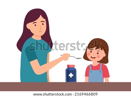 Mother is feeding syrup medicine to her child in flat design. Sick girl take medicine syrup for disease treatment.