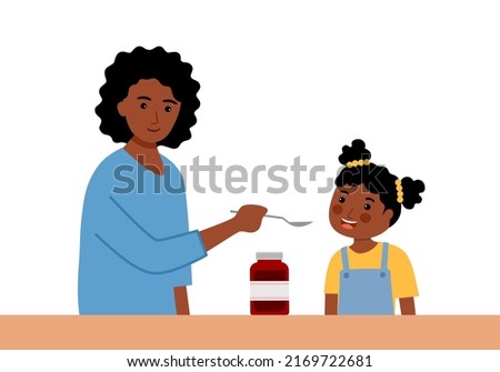 African mother is feeding syrup medicine to her daughter in flat design. Sick girl take medicine syrup for disease treatment.