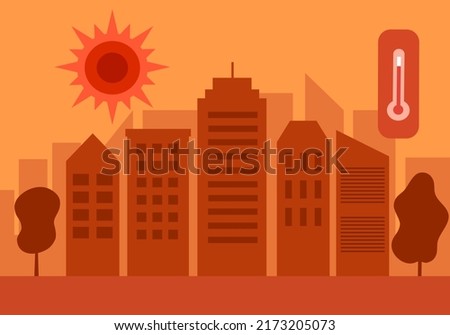 Hot climate in the city with strong sunlight and thermometer in flat design. Hot summer day concept.