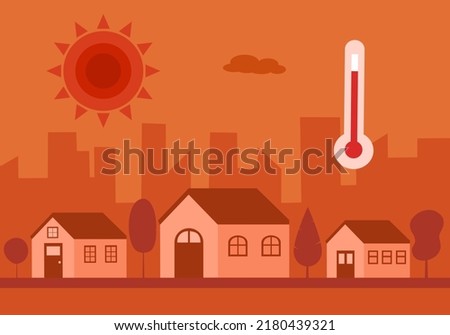 Hot climate in the city with strong sunlight and thermometer in flat design. Hot summer day concept.
