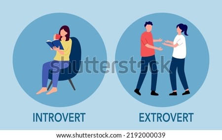 Introvert and extrovert personality character concept vector illustration. Introvert woman enjoy reading book alone. Extrovert people are talkative and enjoy meeting new people. Foto stock © 