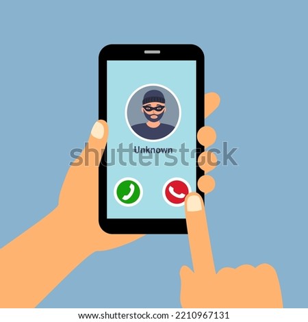 Scammer is calling on smartphone in flat design. Phone scam concept vector illustration.