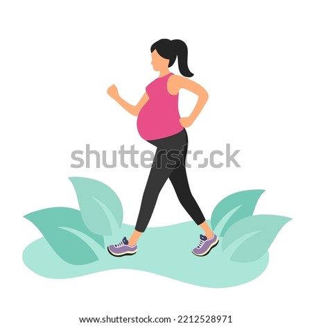 Pregnant woman walking for relaxation exercise in flat design on white background.