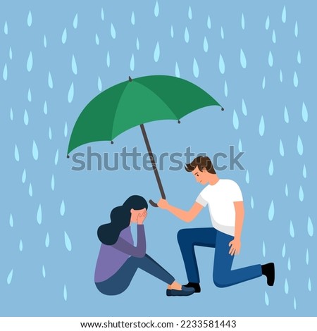 Man comforting depressed crying female friend. He help relief stress from his partner. Woman crying and man holding umbrella to prevent falling rain in flat design.