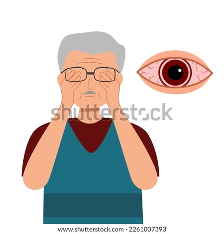 Senior man with eye pain in flat design on white background. Sore eye concept vector illustration.