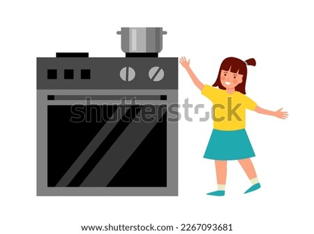 Child reach’s boiling water hot pot in flat design on white background. Kids danger in kitchen.