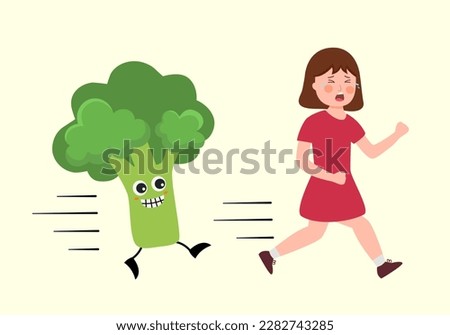 Little girl runaway from broccoli in flat design. Child refusing vegetable. 
