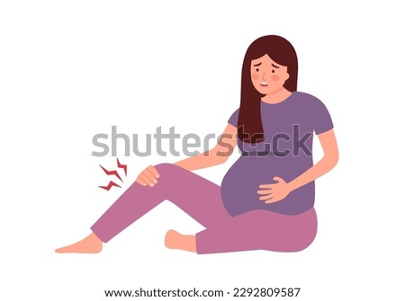 Pregnant woman get cramp her leg in flat design on white background.