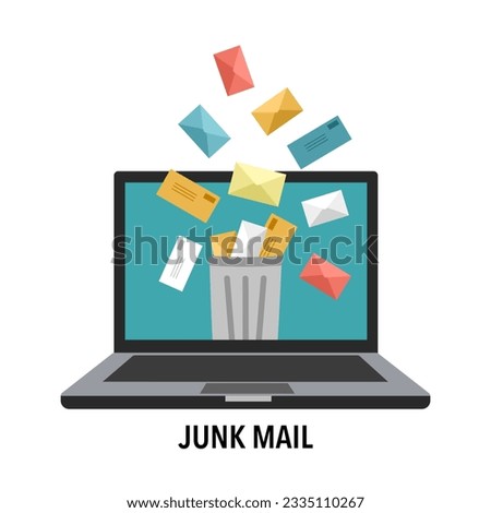 Junk mail on computer screen in flat design on white background. Spam email message.