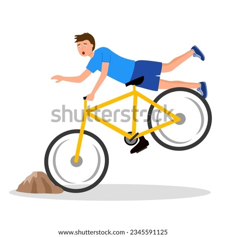 Man falling off bike in flat design on white background. Bicycle accident.