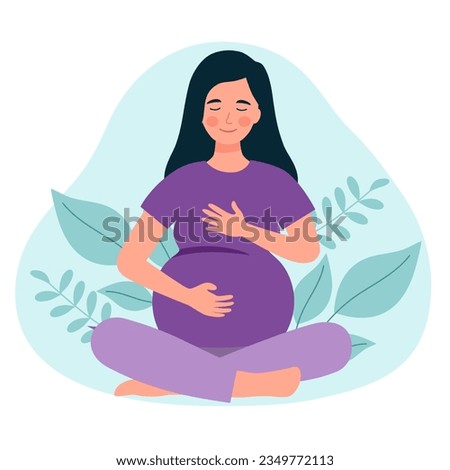 Pregnant woman doing respiratory breathing exercise in flat design. Deep exhale and inhale. Healthy yoga and relaxation, keep calm.