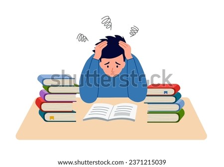 Unhappy student doing difficult homework. Information excessive amount. Stressed student with books piles in flat design.