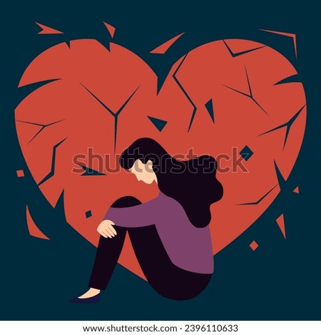 Heartbroken sad woman sitting alone with broken heart on background. Ending relationship and sorrow concept.