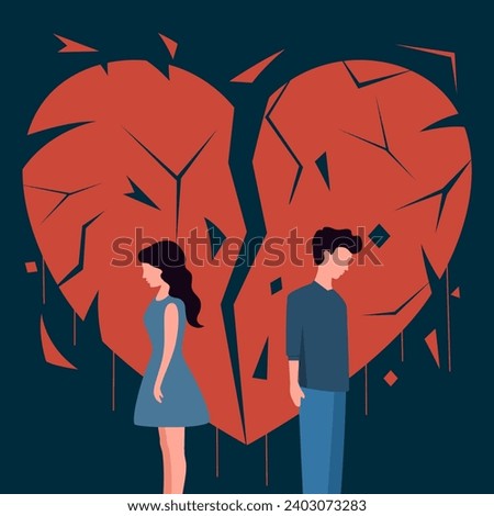 Sad man and woman with red broken heart in flat design vector.