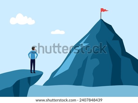 Businessman planning to reach the success flag on top of the mountain in flat design. Symbol of the startup, business finance, achievement and leadership concept vector illustration.