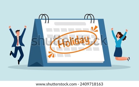 Company holiday for employee to take a break and recharge. Employee long holiday happiness concept. Business people with big calendar jumping with joy to celebrate long holiday.